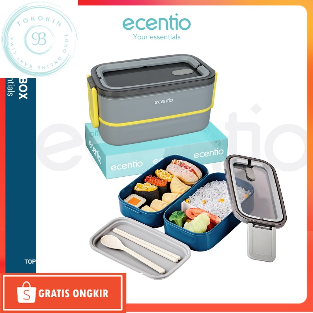 Kotak Makan Murah / ecentio Lunch Box kotak Makan Biru 1600ml portabel Double-Layers Tahan bocor tem