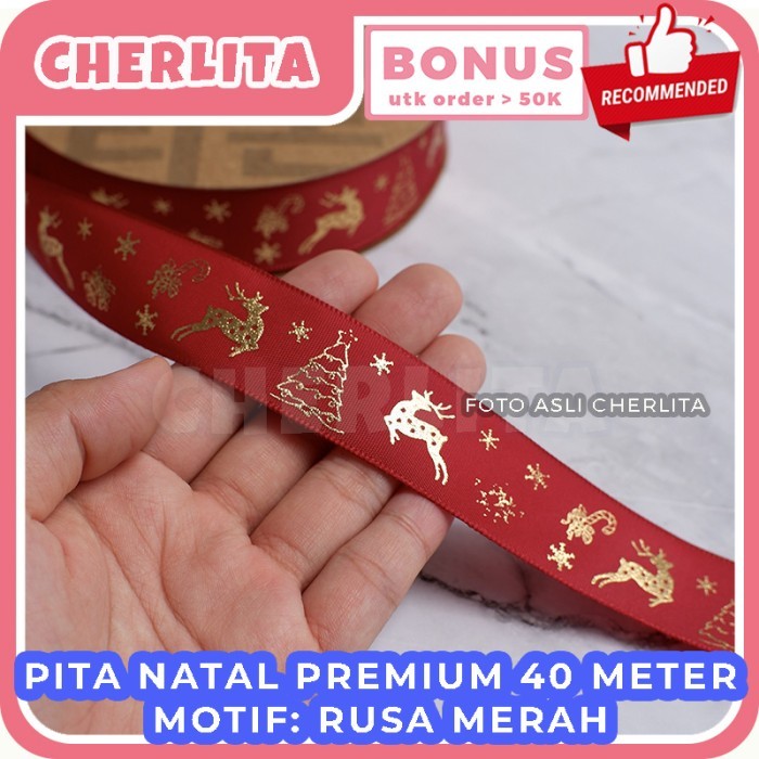 

NEW PROMO~[Best Quality] Pita Natal Christmas Ribbon Emboss Emas 50 Yard Packaging Kado Hampers - Rusa-Merah