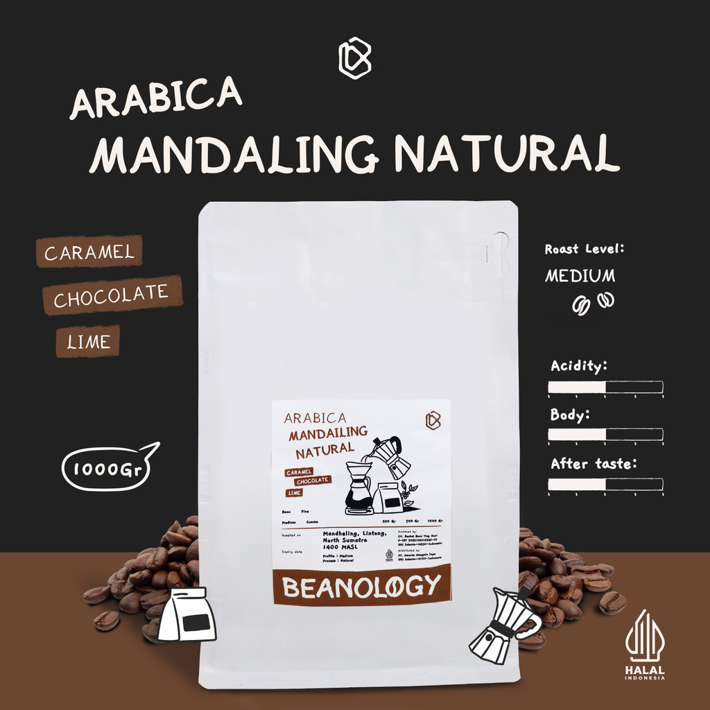 

Biji kopi bubuk Arabika Mandheling Natural Proses 1KG Single Origin Grade 1 Coffee Roasted Bean -Beanology Coffee
