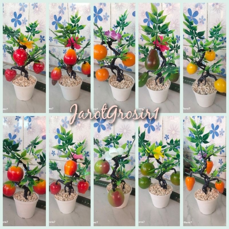 POHON HIAS BUAH KAYU VAS PLASTIK// TANAMAN PAJANGAN BUAH HIAS //BUNGA BUAH ARTIFICIAL TINGGI 23CM