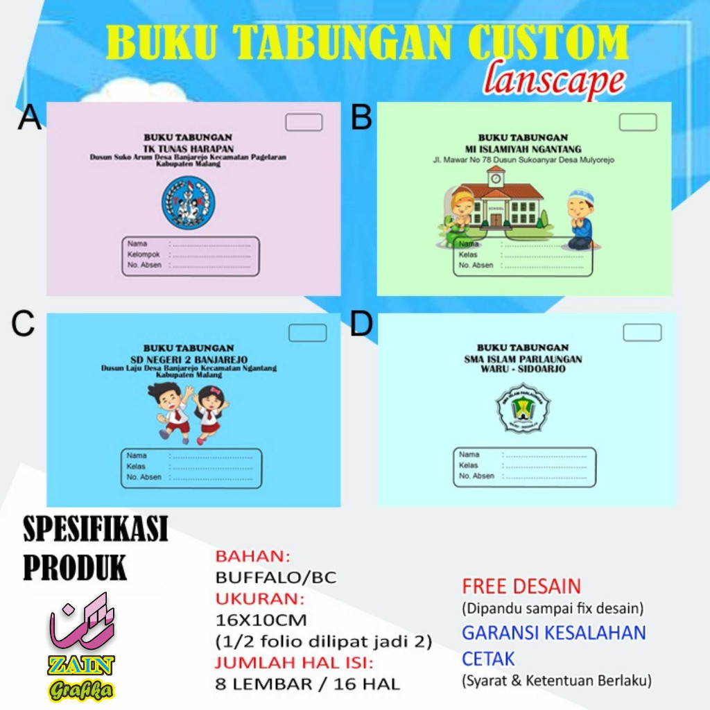 

BUKU TABUNGAN LANSCAPE CUSTOM , TK , SD , MI , SMPSMA DLL zain grafika
