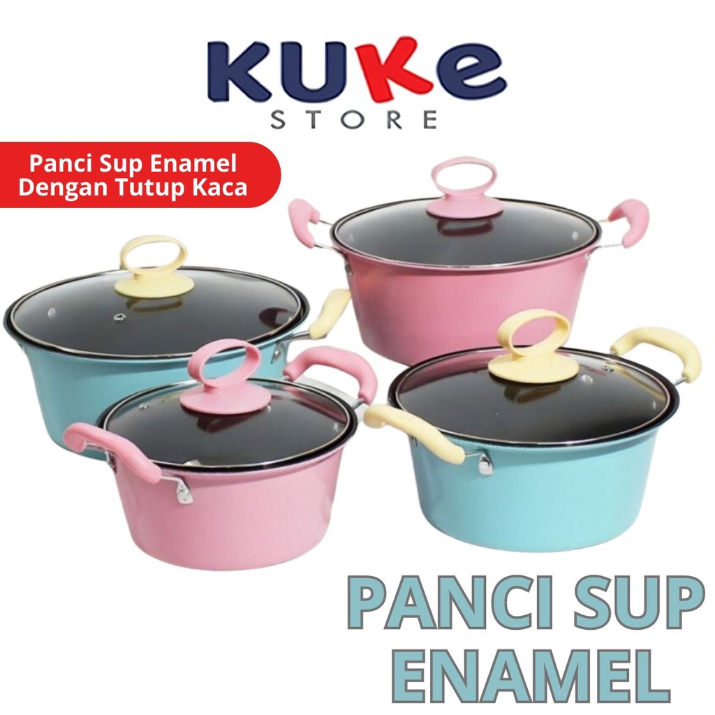 KUKE Panci Sup Enamel 18 20 22 24 cm Dengan Penutup Kaca / Teflon Wajan Bulat Gagang Kuping Goreng T