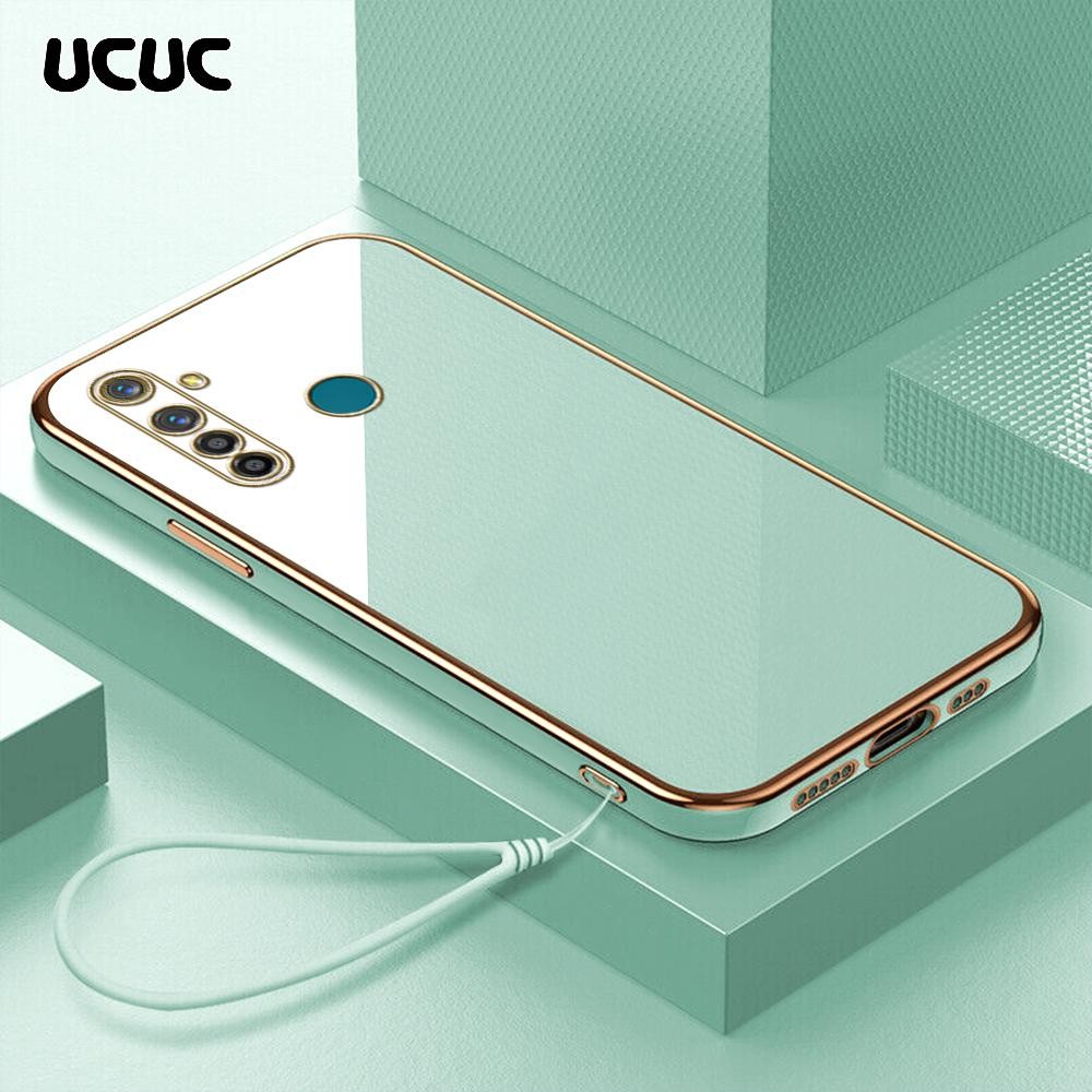 UCUC Realme 5 Pro (Lanyard Gratis) Cartoon Square Edge Pattern Design Luxury Plating Soft Phone Case