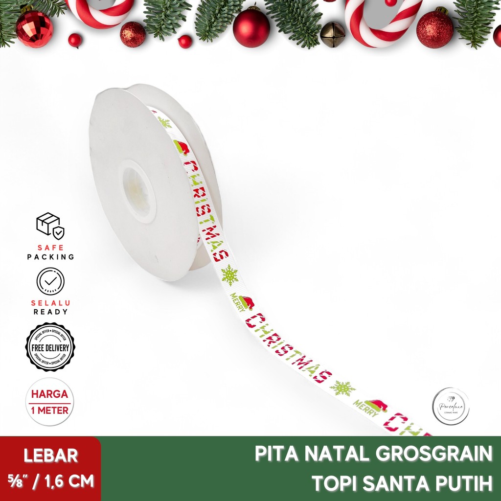 

Hiasan Dekorasi Pita Ribbon Natal Grosgrain Christmas Putih 1,6 cm Harga Per Meter