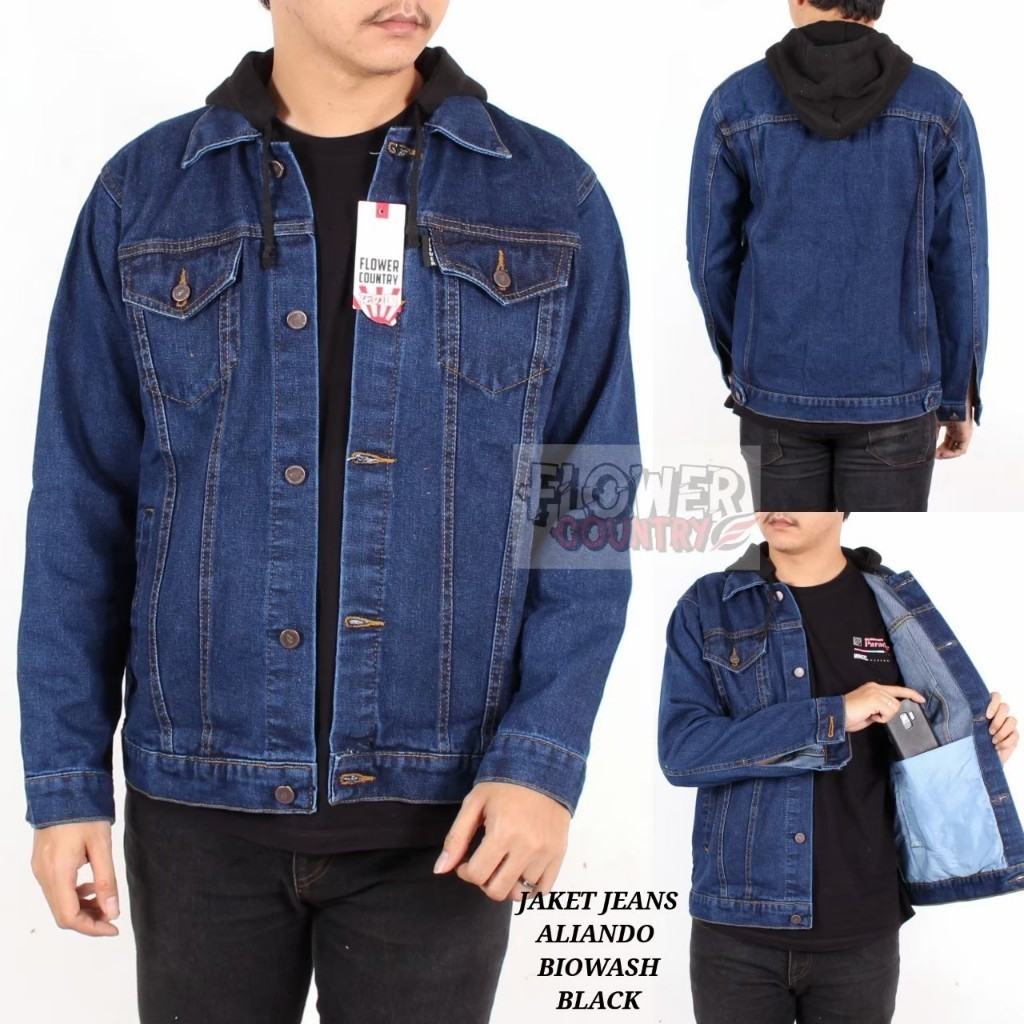 EIGHTEEN Jaket Jeans Reglan Aliando Kombinasi Fleece Sweater Pria Original Flower Country