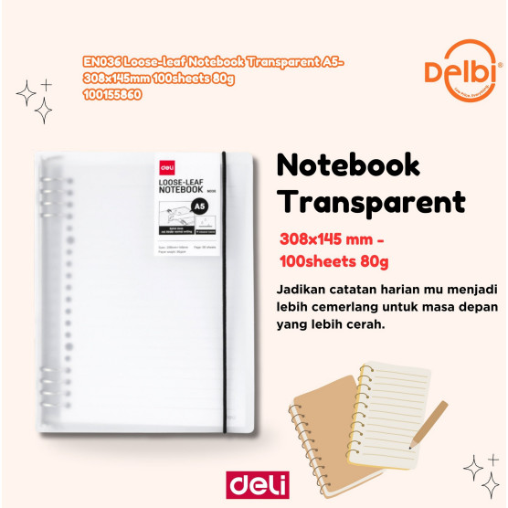 

Deli Loose-leaf Notebook / Binder / Buku Catatan A5 60 Lembar 8 Ring EN036 EN036 Loose-leaf Notebook Transparent A5-308x145mm 100sheets 80g