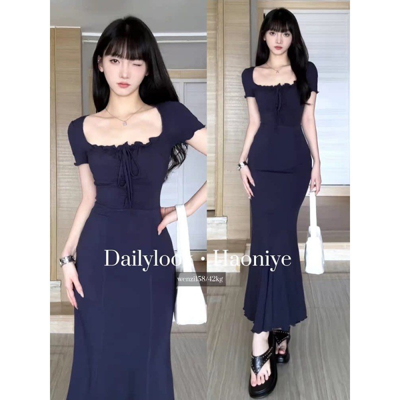 Navy Ribbed Sexy Midi Dress - Busana Casual Kasual / Korean Style Pakaian Korea Woman Fashion Import