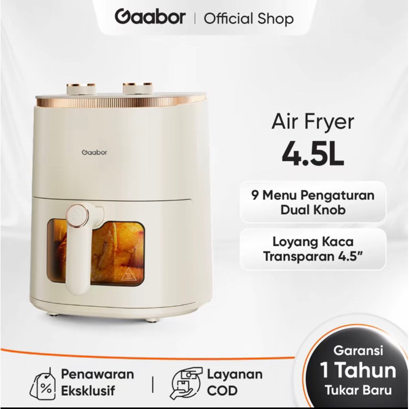 Gaabor Air Fryer Low Watt 4,5L kenop Ganda Serbaguna Anti Lengket Kaca Transparan