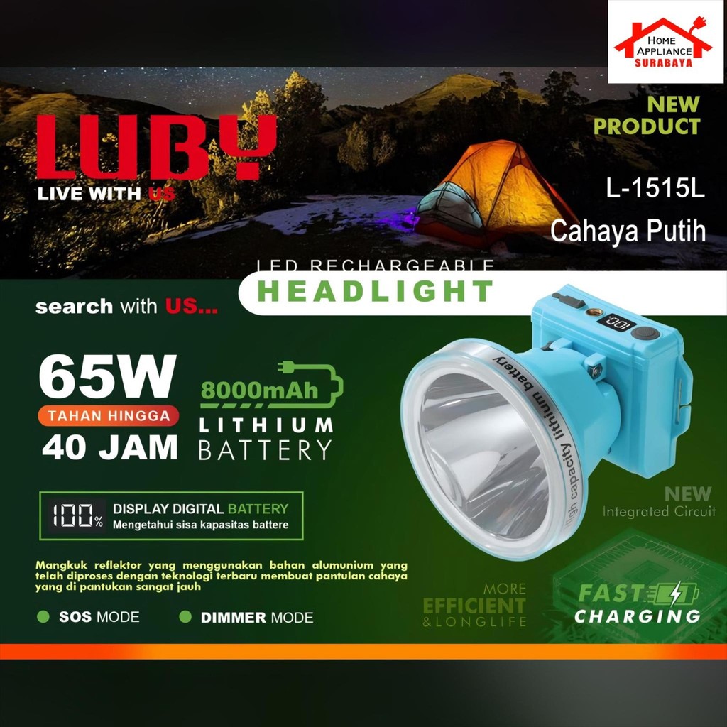 LUBY Senter kepala Cas LED 65W - 65 Watt 8000mAh L-1515L Cahaya Putih / L-1515K Cahaya Kuning Tahan 