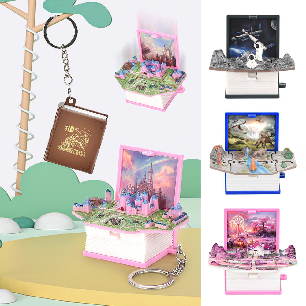 Funny Folding Book 3D Keyring Birthday Gift Fold Book Keychain 3D Dinosaur Castle  Anxiety Stress Ch