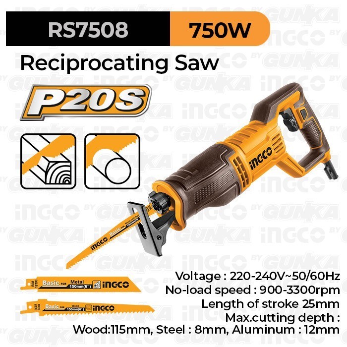 Mesin Reciprocating Saw Listrik INGCO RS7508 Gergaji Sabre Potong Besi Kayu Pipa