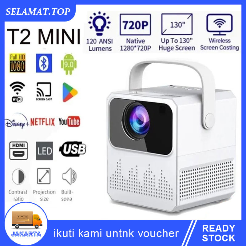 Android Proyektor TV T2mini 6000 Lumen 4K HD Bluetooth Smart Projector Android 9 2G+16G Mirroring HP