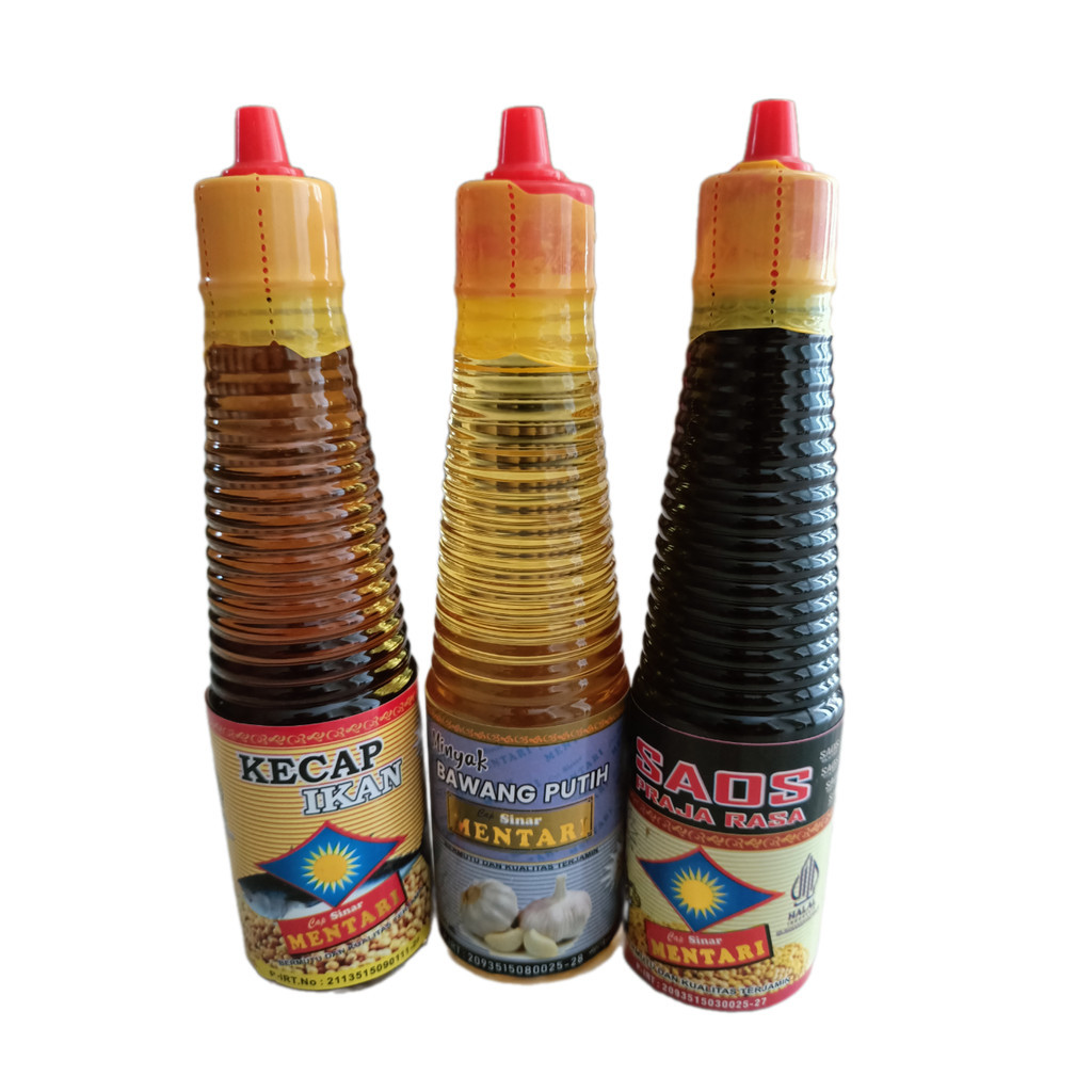 

Paket Ekonomis 3 Botol Minyak Ikan, Minyak Bawang Putih, Saos Praja Rasa Cap Sinar Mentari 150 ml