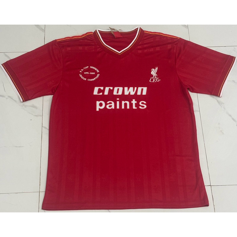 BAJU BOLA JERSEY SPONSOR VELVET TIMBUL LIVERPOOL HOME RETRO 1985 1986 DOUBLE WINNER CROW PAINTS JERS