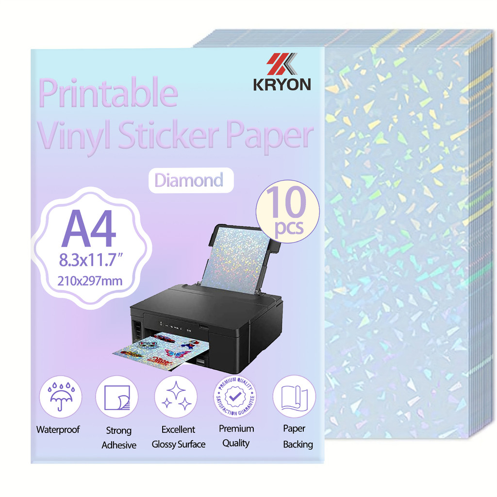 

A4 10 Sheets Diamond Holographic Sticker Paper for Inkjet & Laser Printer Waterproof Clear Vinyl Sticker Sheets Self-Adhesive