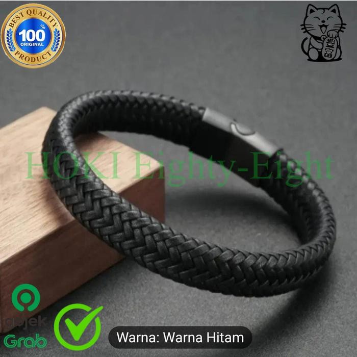 Hitam Gelang Perhiasan Pria Gelang Kulit Kepang Buatan Tangan, Gelang Hadiah Gesper Magnetik Besi PR