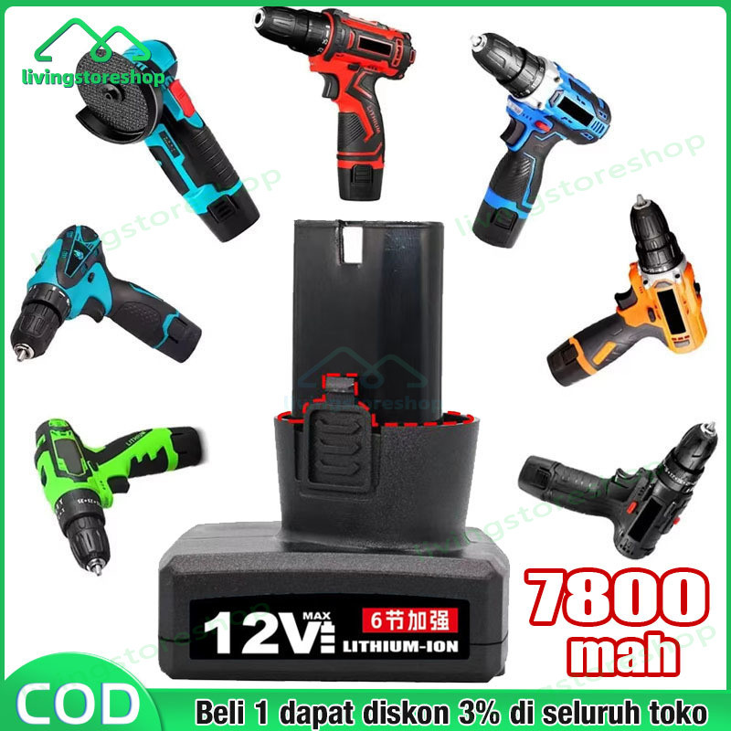 Baterai Mesin Bor Cas 12 Volt 7800mAh Cordless Drill+Charger/baterai lithium yang dapat diisi ulang 