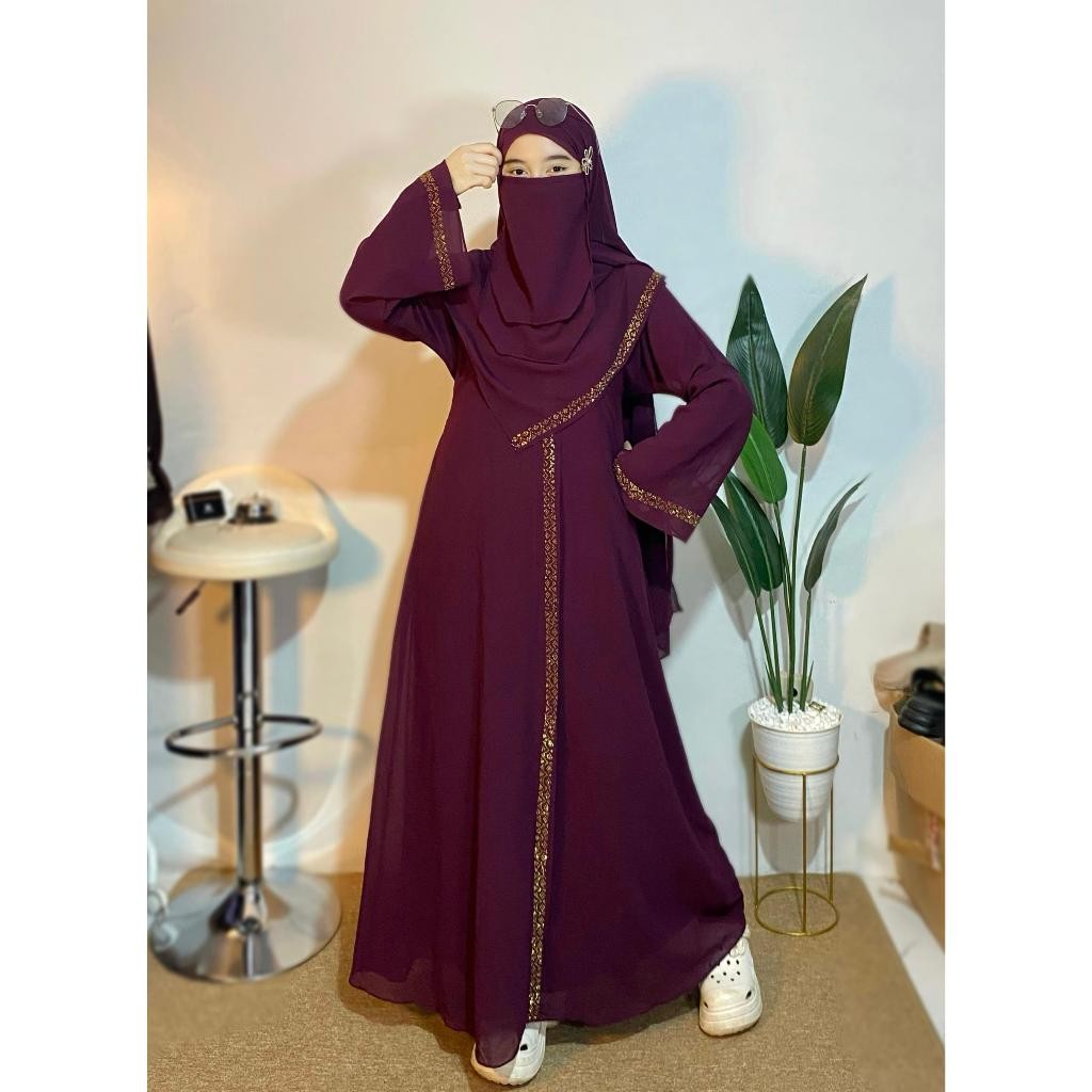BEST SELLER TERBARU ABAYA DUBAI SET HIJAB PASHMINA DAN CADAR SYARI HIASAN HOTFIX MANIK BAHAN CERUTI