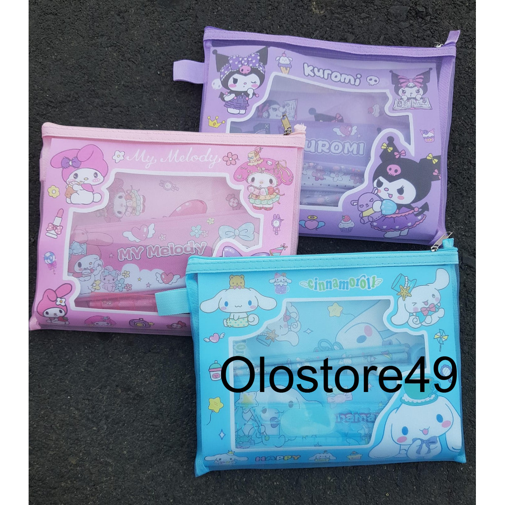 

OLO49 Alat Tulis Stationary Set Pouch Jaring Sanrio Kuromi Cinnamoroll Melody Souvenir Anak Lucu Aesthetic/8in1 Karakter 6027