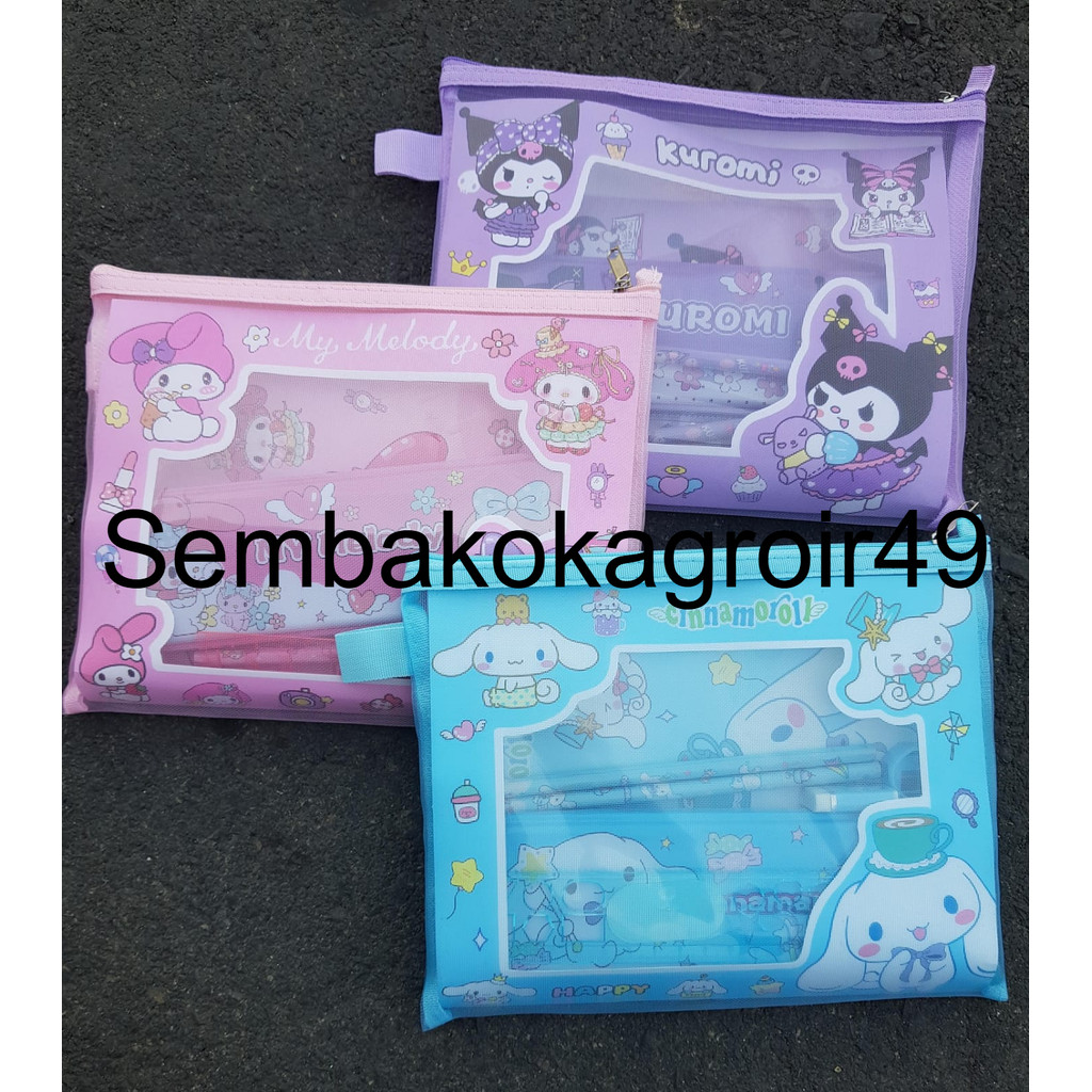 

SSG Alat Tulis Stationary Set Pouch Jaring Sanrio Kuromi Cinnamoroll Melody Souvenir Anak Lucu Aesthetic/8in1 Karakter 6027