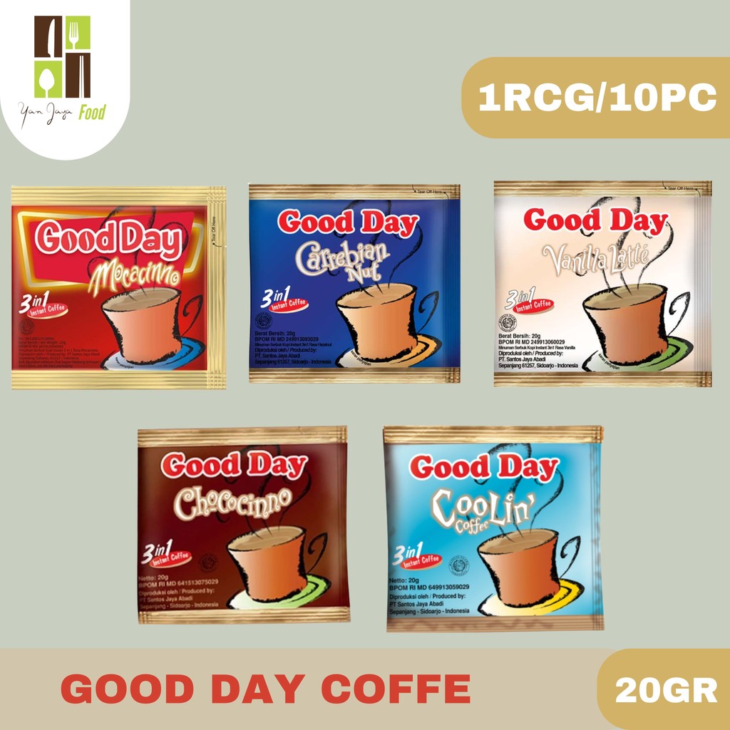 

Good Day Coffe 20g - 1 RCG/10PCS / Mocacinno / Coolin / Chococinno / Carrebian Nut / Vanilla latte / Kopi Instan / Kopi Bubuk