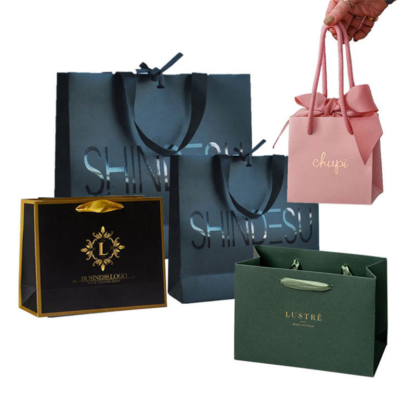 

Custom Shopping Bag with Ribbon Printed Logo Paper Manufactory Spot UV Square Size Luxury Black Offset Printing Coated Paper