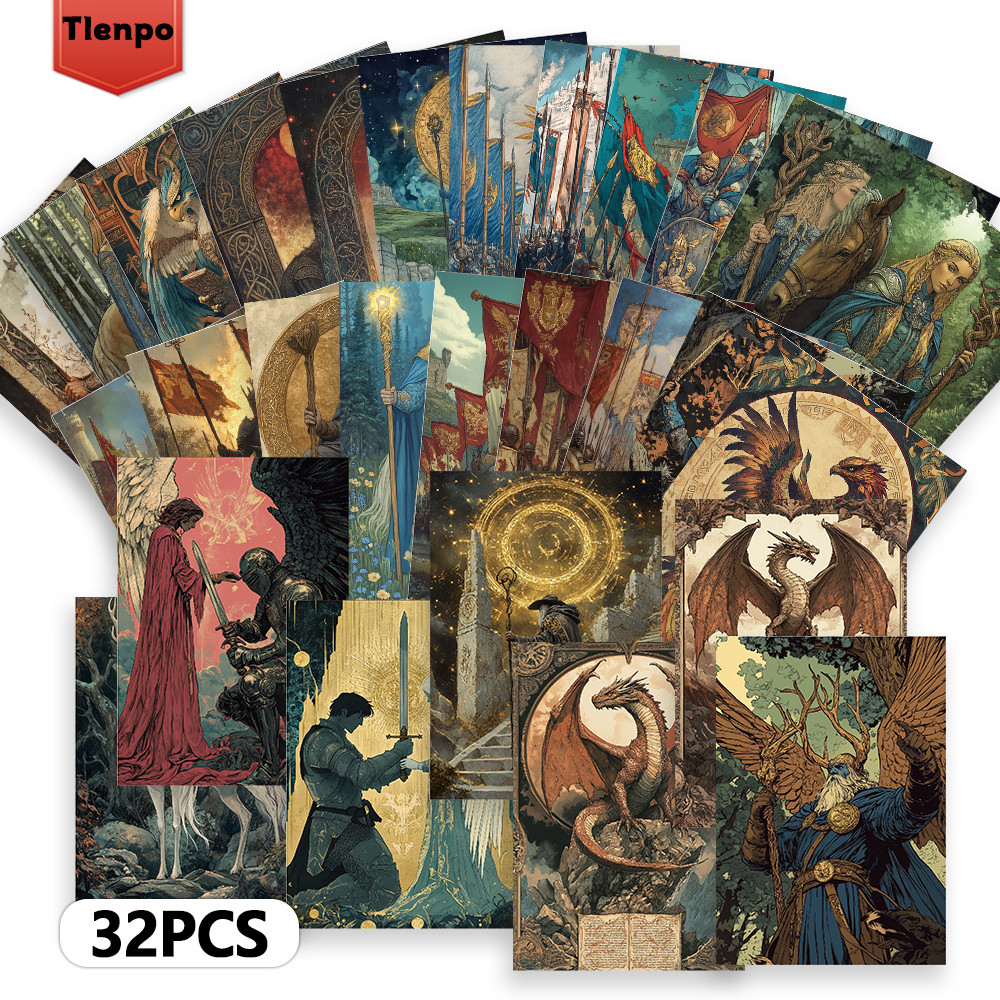 

32pcs, vintage dragon and knight postcards, perfect for birthday/anniversary gifts, suitable for collecting, giving, and mailing