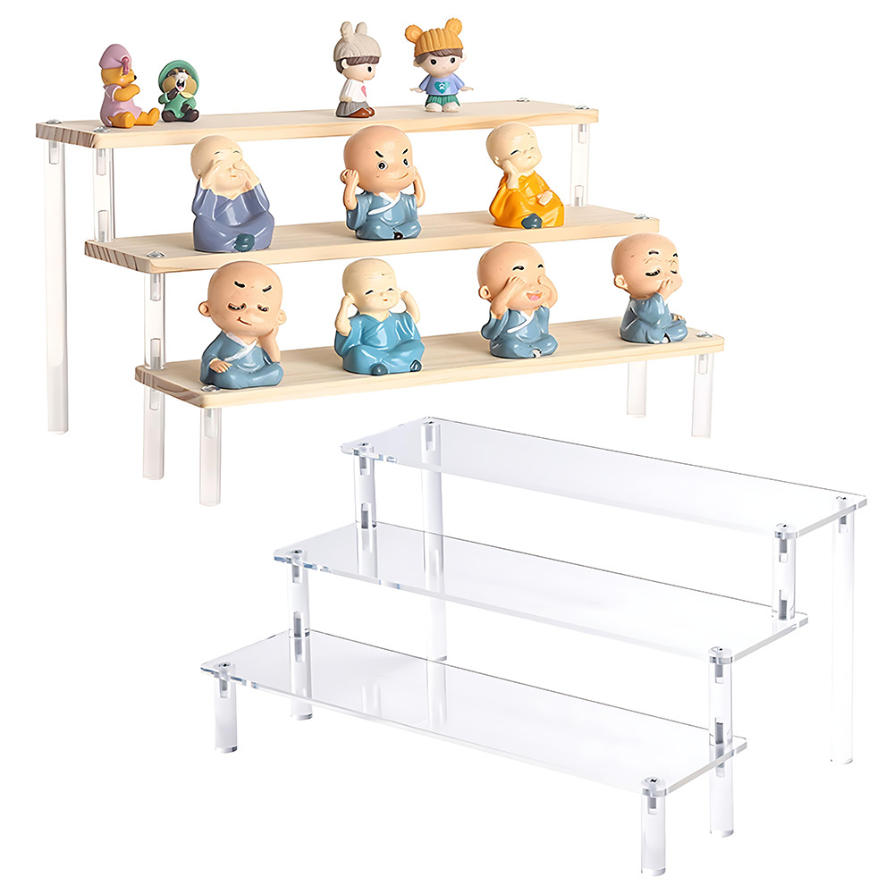

1-5 Tier Acrylic Display Shelf Wood Display Riser Rack for Cupcake Perfume Stand Doll Décor Organizer Amiibo Funko POP Figures