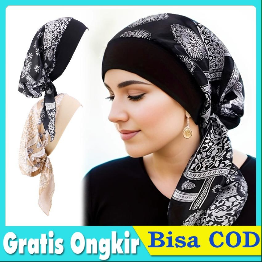Hijab Turban Tidur Motif Etnis - Bahan Jersey Korea Adem Anti Gerah - Tali Adjustable untuk Wanita D