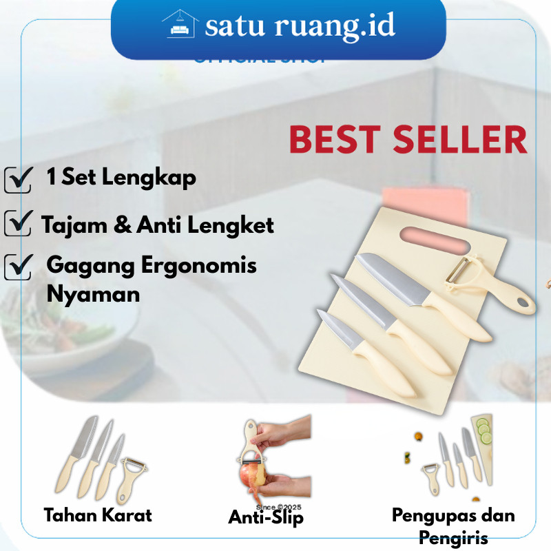 Satu.Ruang Id - 5 Pcs Set Pisau Dapur Beige Anti Lengket Tajam Isi Talenan Pisau Buah Pisau Dapur (F