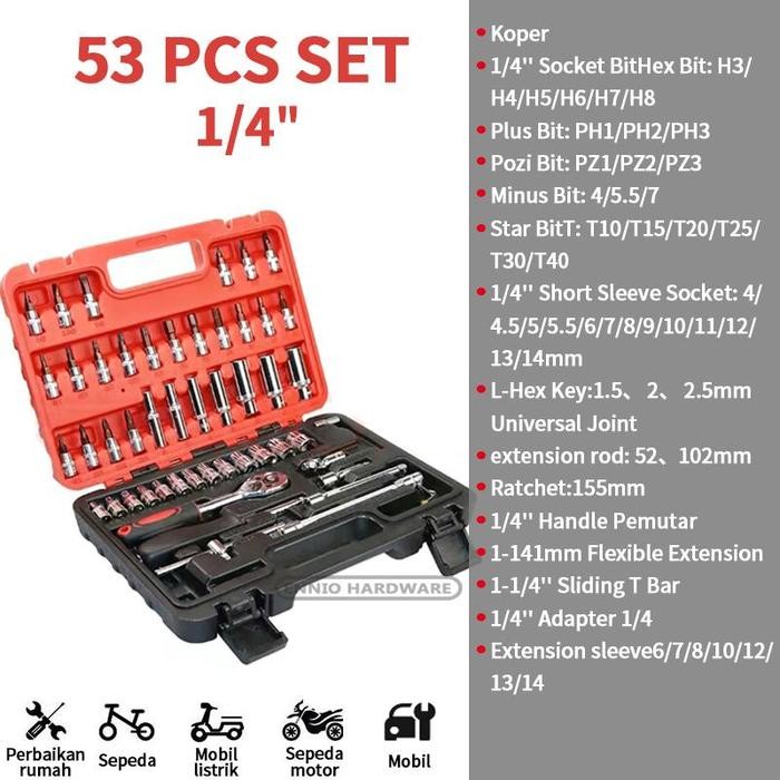 MONAKE Kunci Sok Set 32/37/53/61/82/94 pcs Set  Lengkap Kunci Mata Sok 1/2'' and 1/4'' inch Set Poto