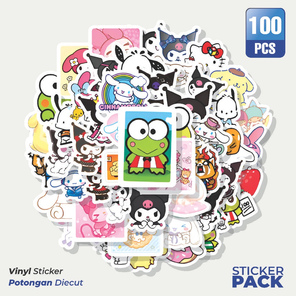 

Super Hemat! 100 PCS Stiker Sanrio Cute Karakter Mix Waterproof Aesthetic- Untuk Laptop, Motor, dan Helm - Paper Stationery Pack