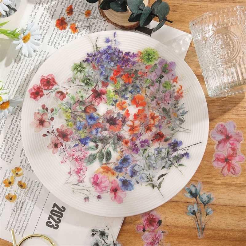 

50PCS Fresh Flower PET Sticker Aesthetic Hand Accounting Transparent Decoration Scrapbooking Korean Stationery Supplies for Kids