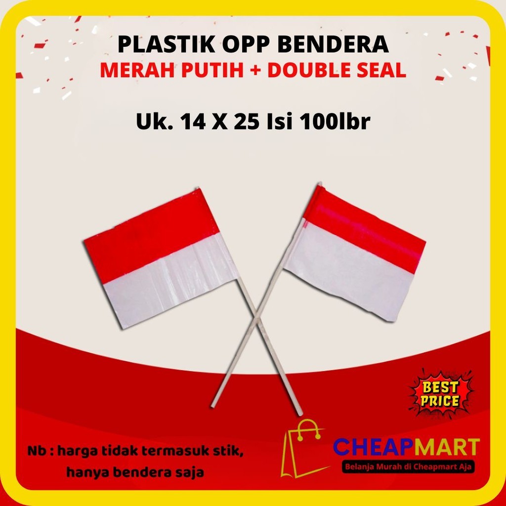 

[Min-3] [Isi 100lbr] Uk. 14 x 25 Plastik OPP Bendera Merah Putih Double Seal Plastik Agustus