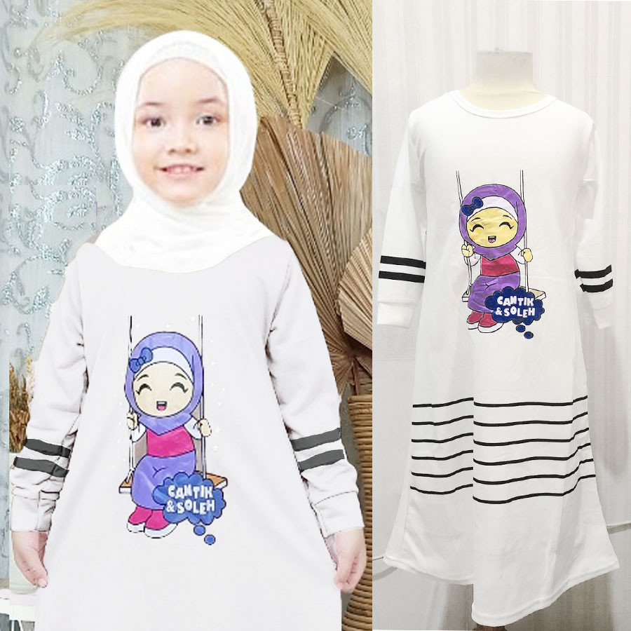 Gamis Anak Cantik & Soleha 2-12 Tahun Gambar Karakter Sablon Bahan Voxy Melar Balita Batita Murah Ki