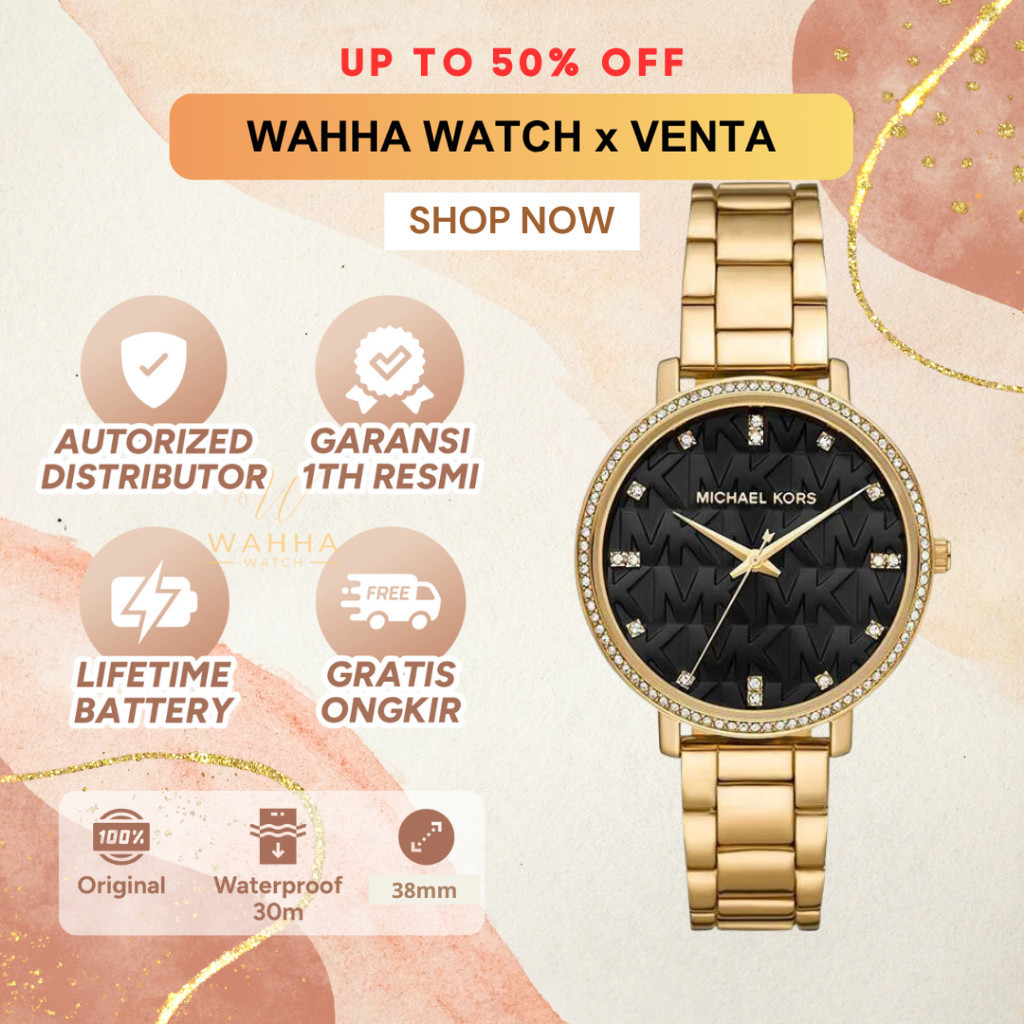 Jam Tangan Wanita  Pyper MK4593 Ladies Black Dial Gold Stainless Steel Strap [BERGARANSI]
