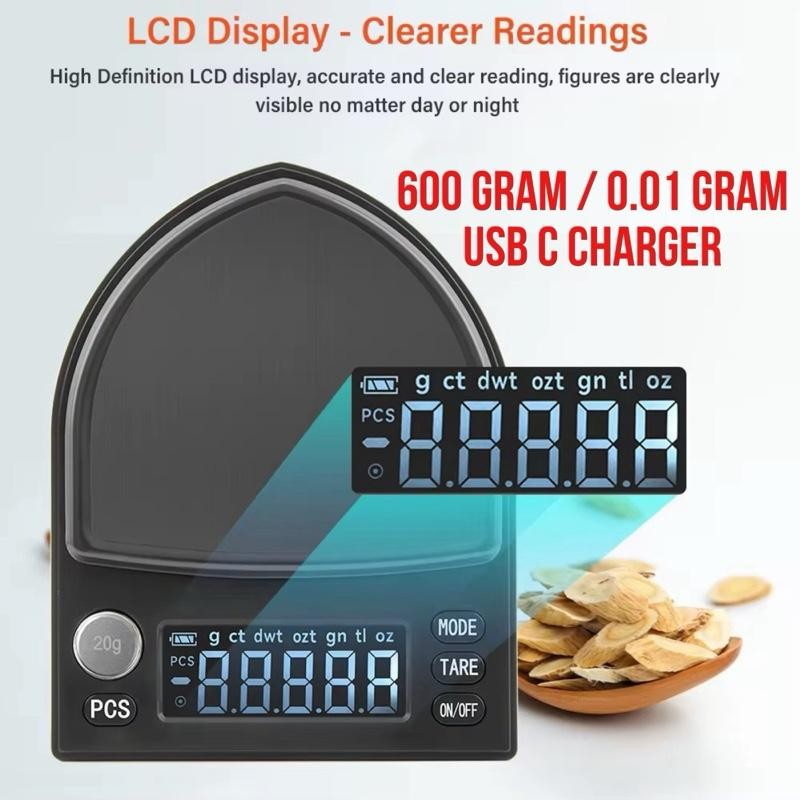 GRUN 600 gram / 0.01 Gram Timbangan Digital Emas Perhiasan Teh Kopi Obat - Obatan Umum 600g x 0.01g 