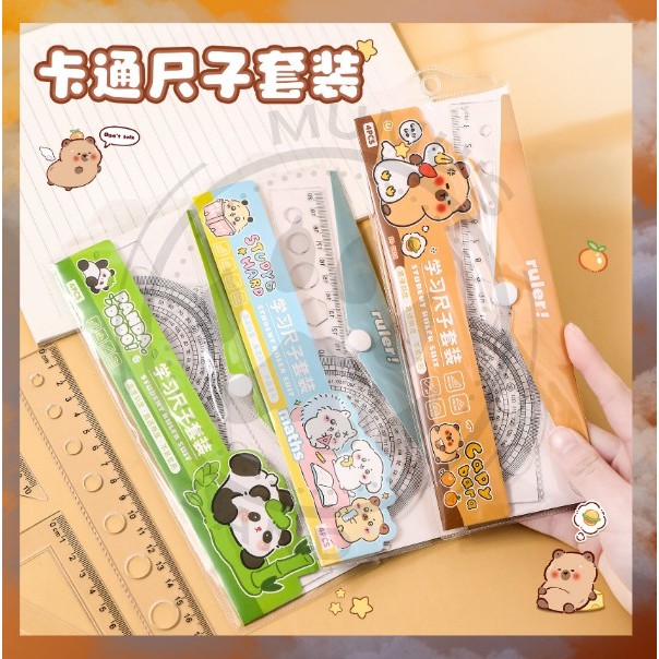 

MUMUSLAND Penggaris Set Fancy Isi 4 Pcs Plastik 20cm Busur Segitiga Motif Kapibara Panda S-AT023