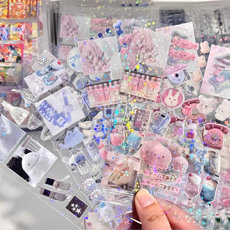 

9pcs Glitter Flash Y2K Sticker Cute Toploder Journaling Decor Sticker for Phone Camera Laser Kawaii Stickers Gift