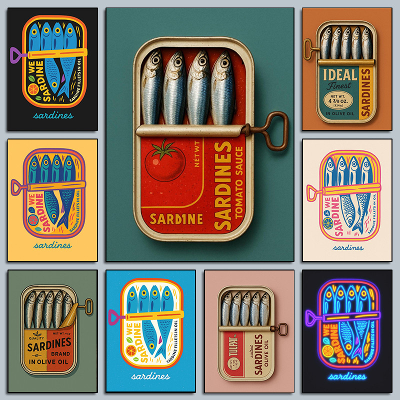 

Retro Kitchen Sardines Posters Minimalist Delicious Food Modern Prints Canvas Painting Wall Art Pictures Home Living Room Decor