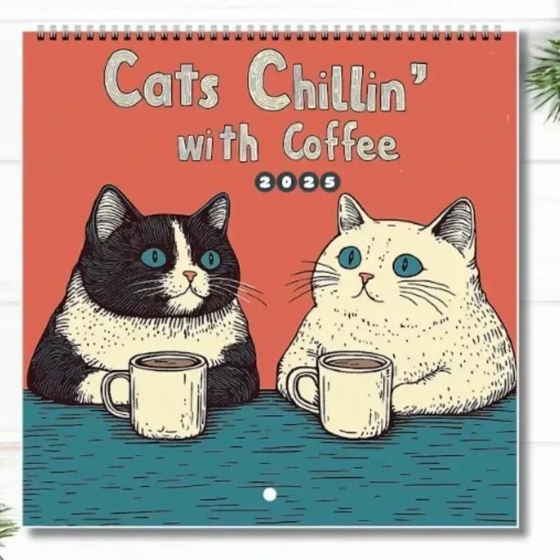 

2025 Cat Calendar - Cats And Coffee, 8.5" 12-Month Coffee Cat Wall Calendar Planner, Funny Cat Memo, Family Planner Thick Paper