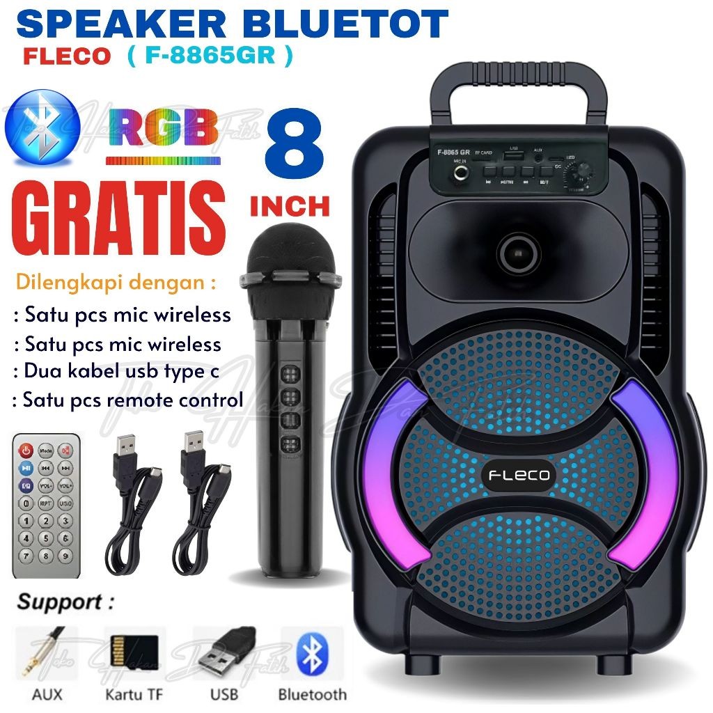 Speaker Bluetooth Portable FLECO F-8865 GR.Konektivitas Bluetooth 5.0, 9 mode lampu LED, driver 8 in