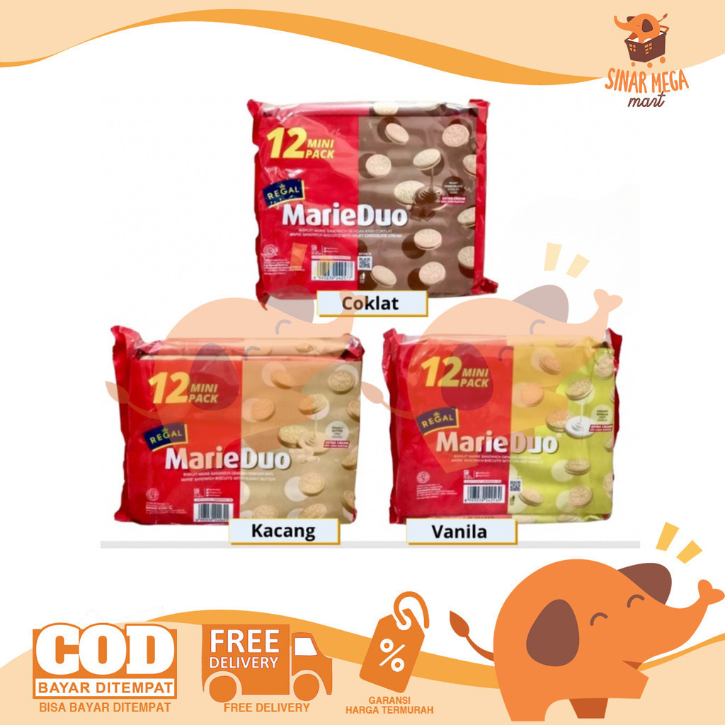 

Regal Marie Duo isi 12 Mini Pack | Choco, Vanilla, Peanut | Biskuit Marie