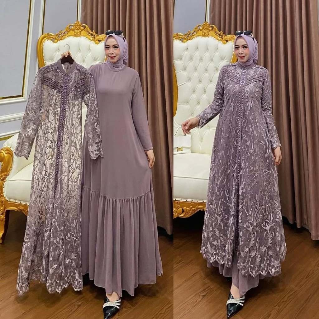 Baju Gamis Set Outer Brukat Model Terbaru Zallia Dress BL Size M L XL XXL XXXL Bahan Ceruty Babydoll