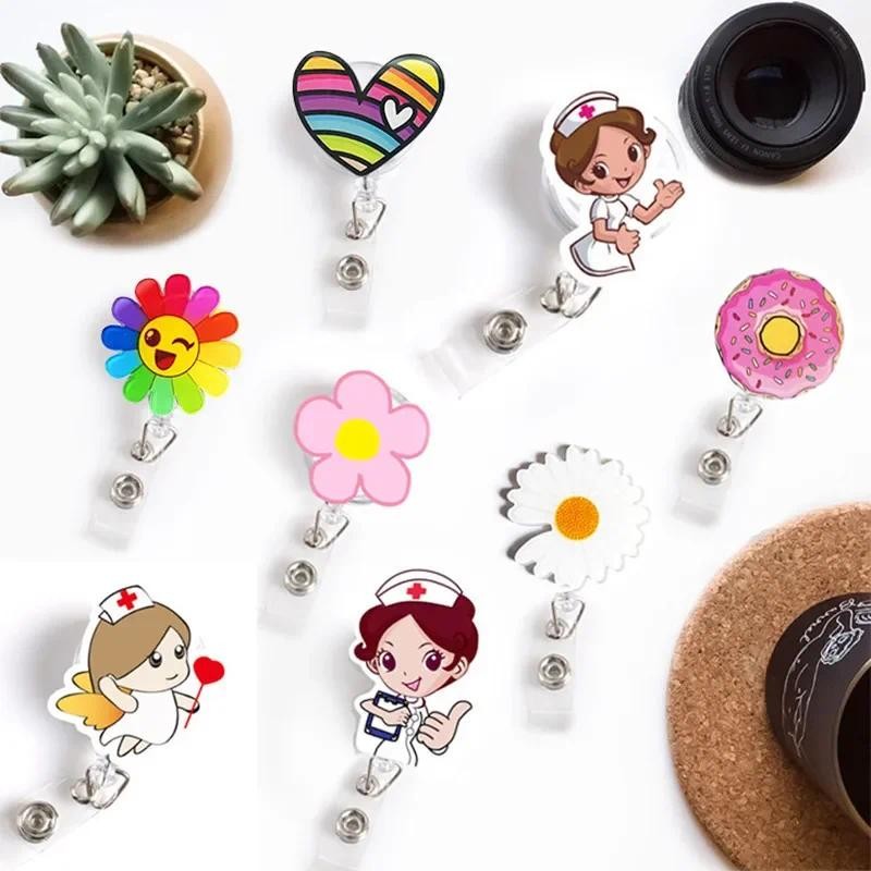 

2021 New Design 1 Piece High Quality Acrylic Retractable Nurse Badge Reel Fashion Daisy Love Heart Name Tag ID Badge Holder Clip