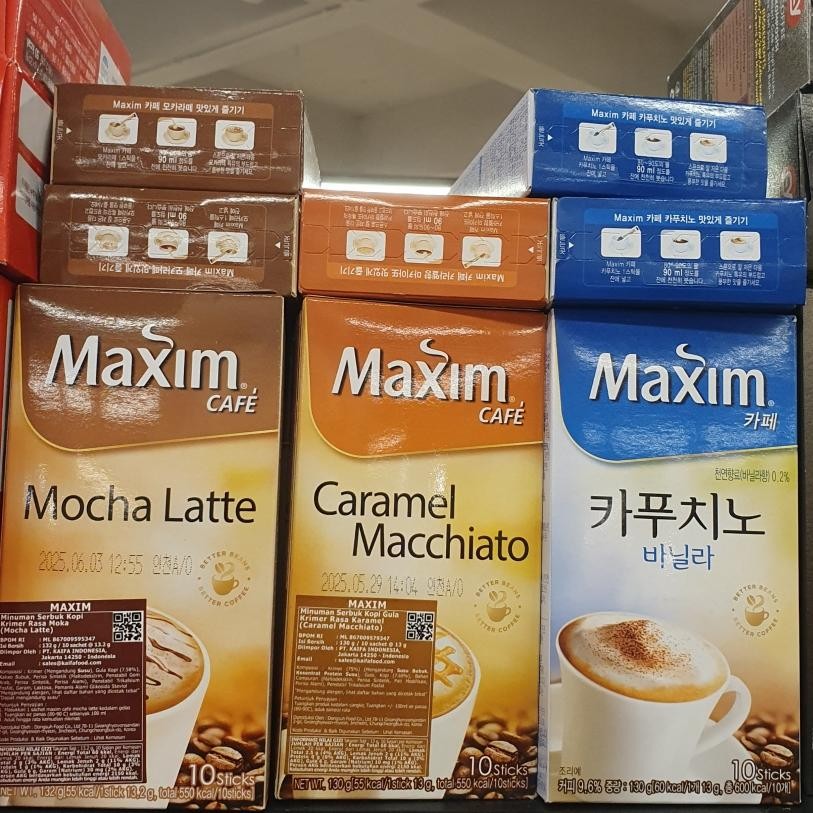 

Maxim Cafe Kopi Coffee Sachet IMPORT KOREA Rasa Mocha Latte / Caramel Macchiato / Hazelnut Vanilla ( Isi 10 )