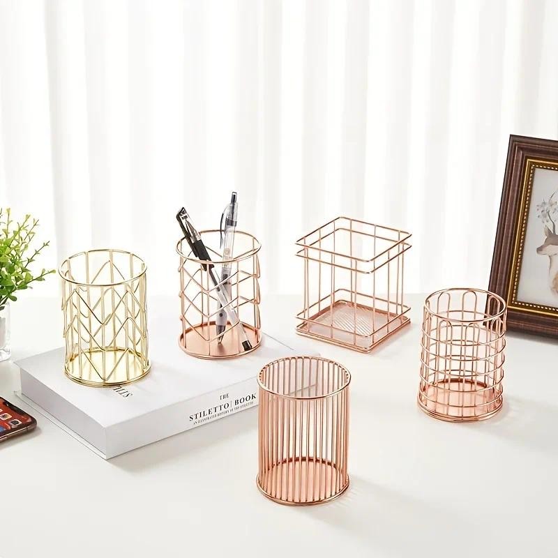 

1pc Gold Metal Pen Holder for Desk, Makeup Brushes Cup, Pencil Holders and Office Home Organizer