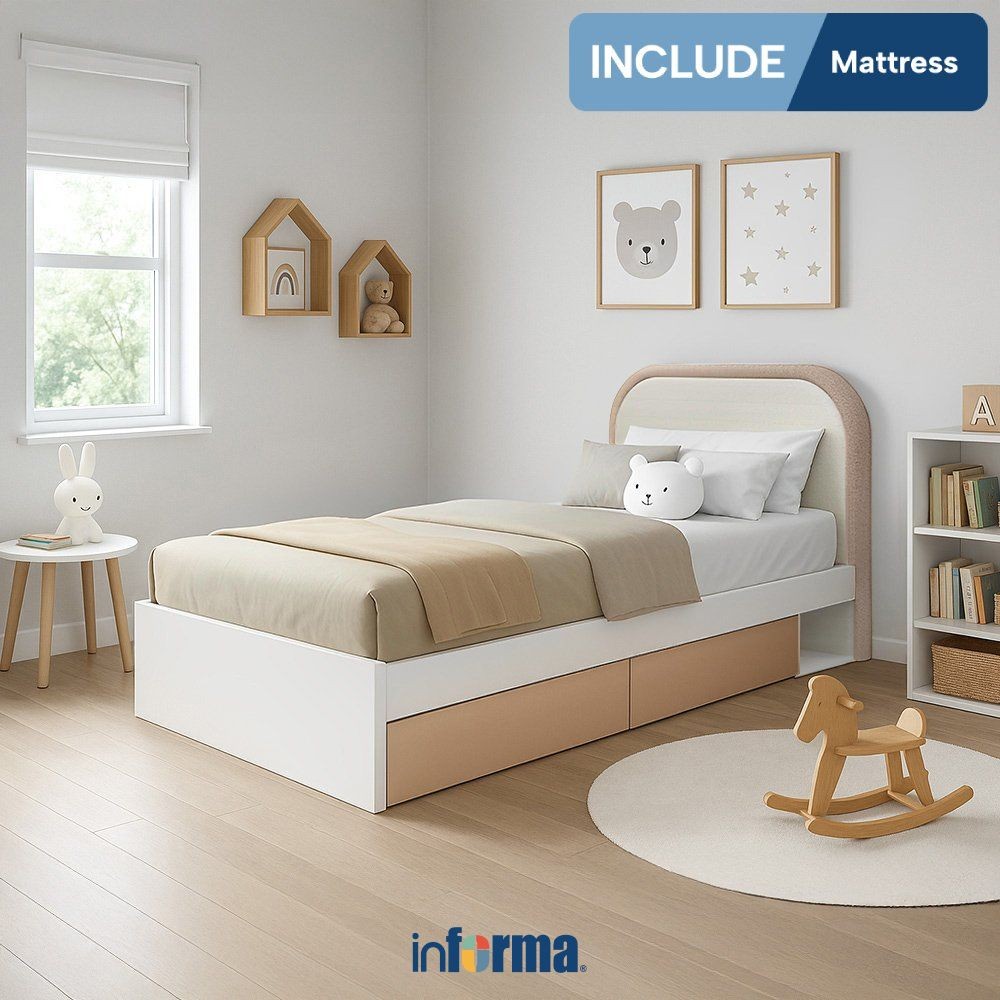 Informa 100x200 cm Iora Tempat Tidur Anak Dengan Matras - Putih/Cokelat Bed Ranjang Kasur Perabot Ti