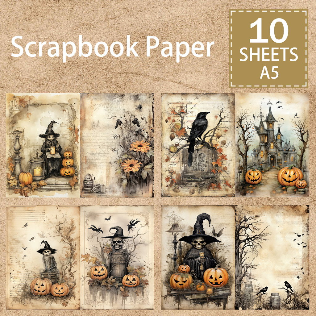 

10 Sheets A5 Size Halloween Skeleton Wizard Crow Ghost Pumpkin Background Vintage Grunge Journal Planning Scrapbooking