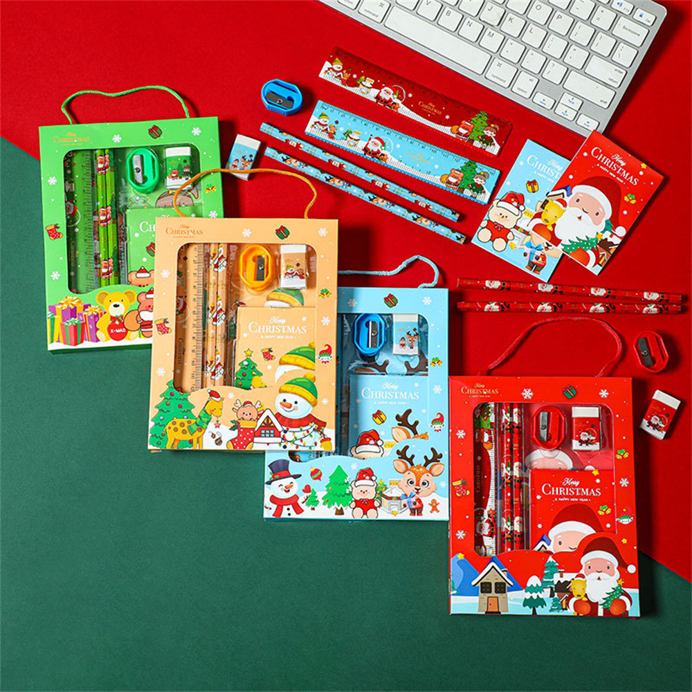 

6pcs Christmas Stationery Set Kids Cartoon Pencils Eraser Ruler Memo Pads Pencil Knife Set School Supplies Back To School Gifts